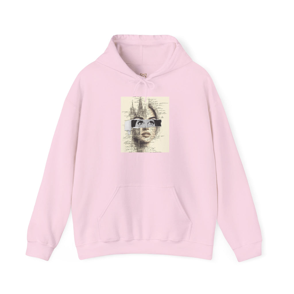 Artistic Face Collage Hoodie — Vintage Script Portrait Sweatshirt