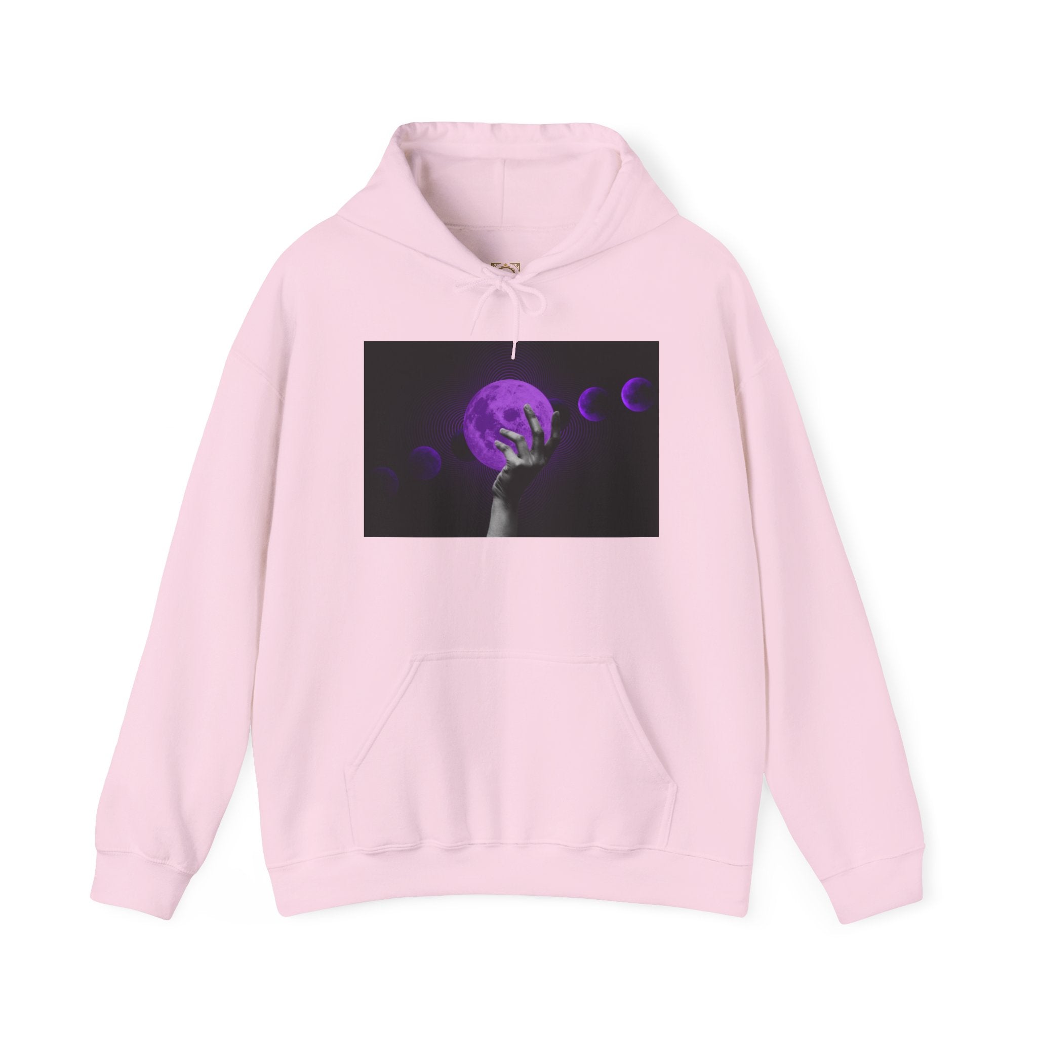 Moon Phases Hoodie — Purple Lunar Hand Graphic Pullover