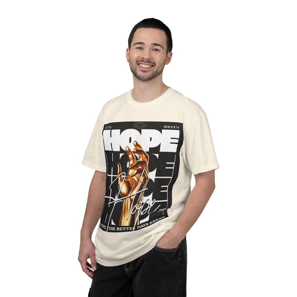 Hope Vibe Graphic T-Shirt — 'Hope for Better Days Ahead' Chest Print with Gold Hand & Back 'Legaciess' Logo
