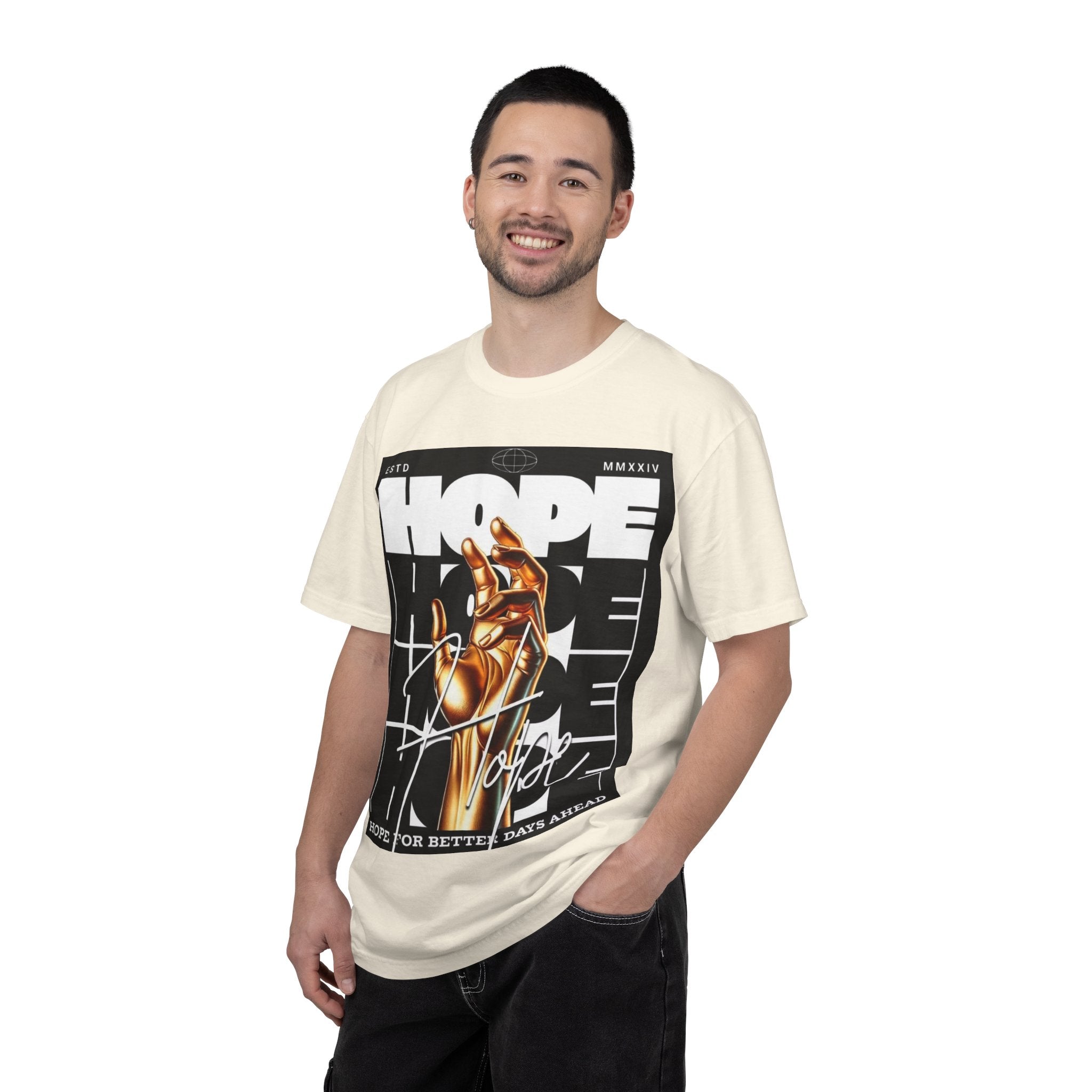Hope Vibe Graphic T-Shirt — 'Hope for Better Days Ahead' Chest Print with Gold Hand & Back 'Legaciess' Logo