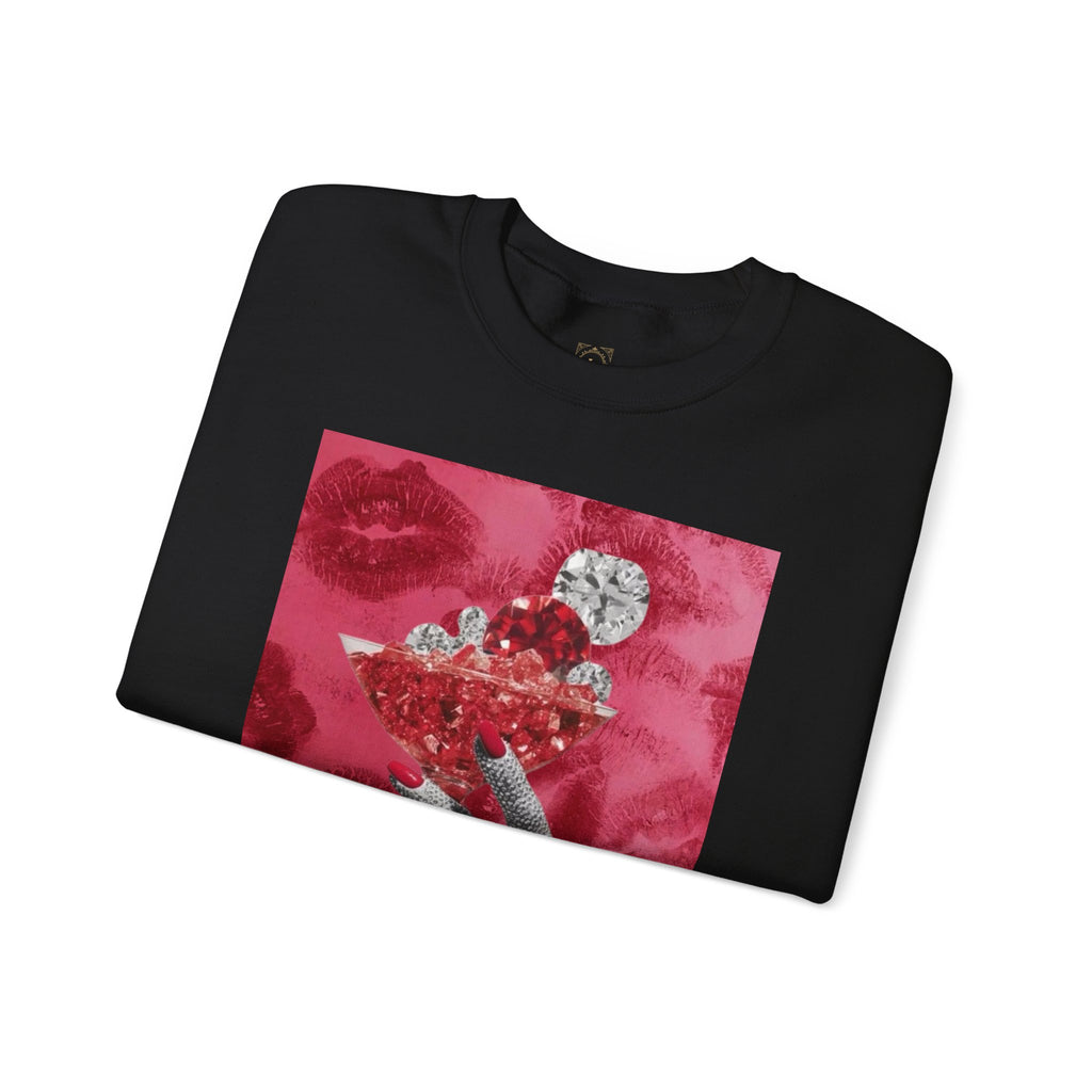 Crewneck Sweatshirt — Glamorous Red Cocktail Collage (Hand Holding Glass, Lip Print)