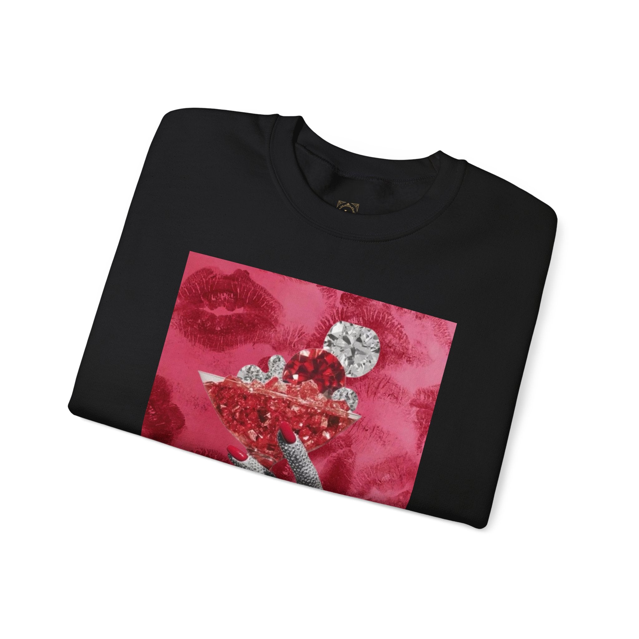 Crewneck Sweatshirt — Glamorous Red Cocktail Collage (Hand Holding Glass, Lip Print)