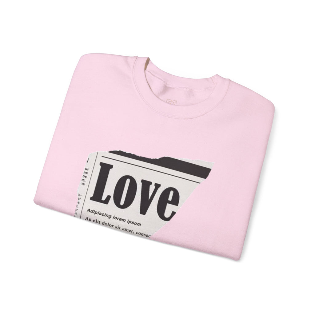 Crewneck Sweatshirt — 'Love' Newspaper Graphic with 'Oh Wait,' Text
