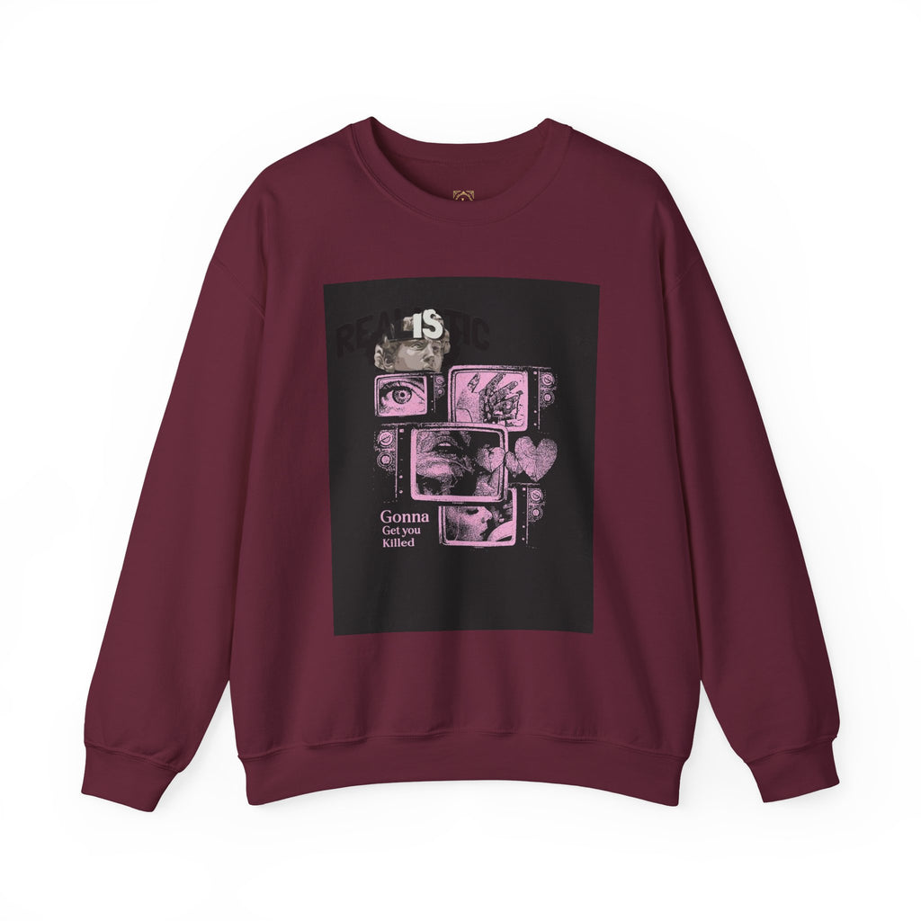 Crewneck Sweatshirt — Pink Collage Eyes Graphic “Gonna Get You, Kiddo”