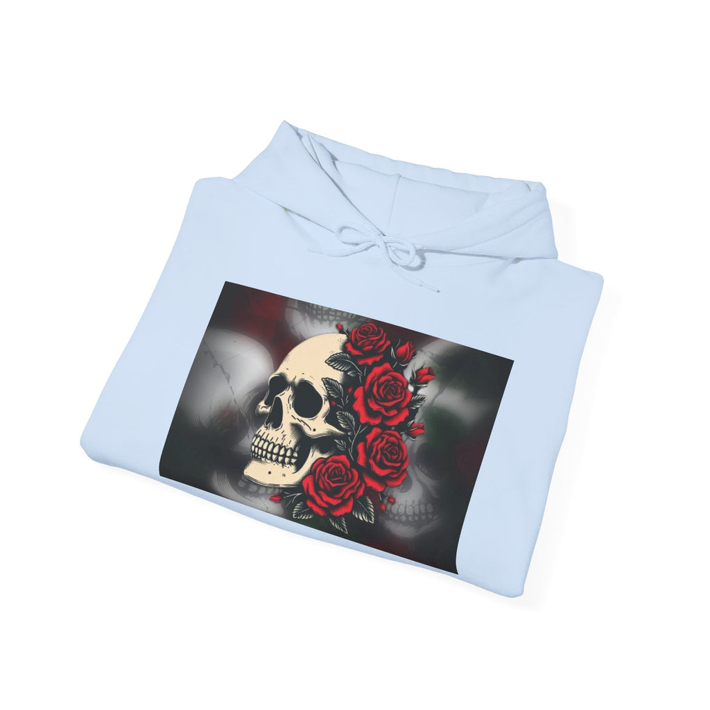 Skull with Red Roses Hoodie — Gothic Floral Skull Sweatshirt
