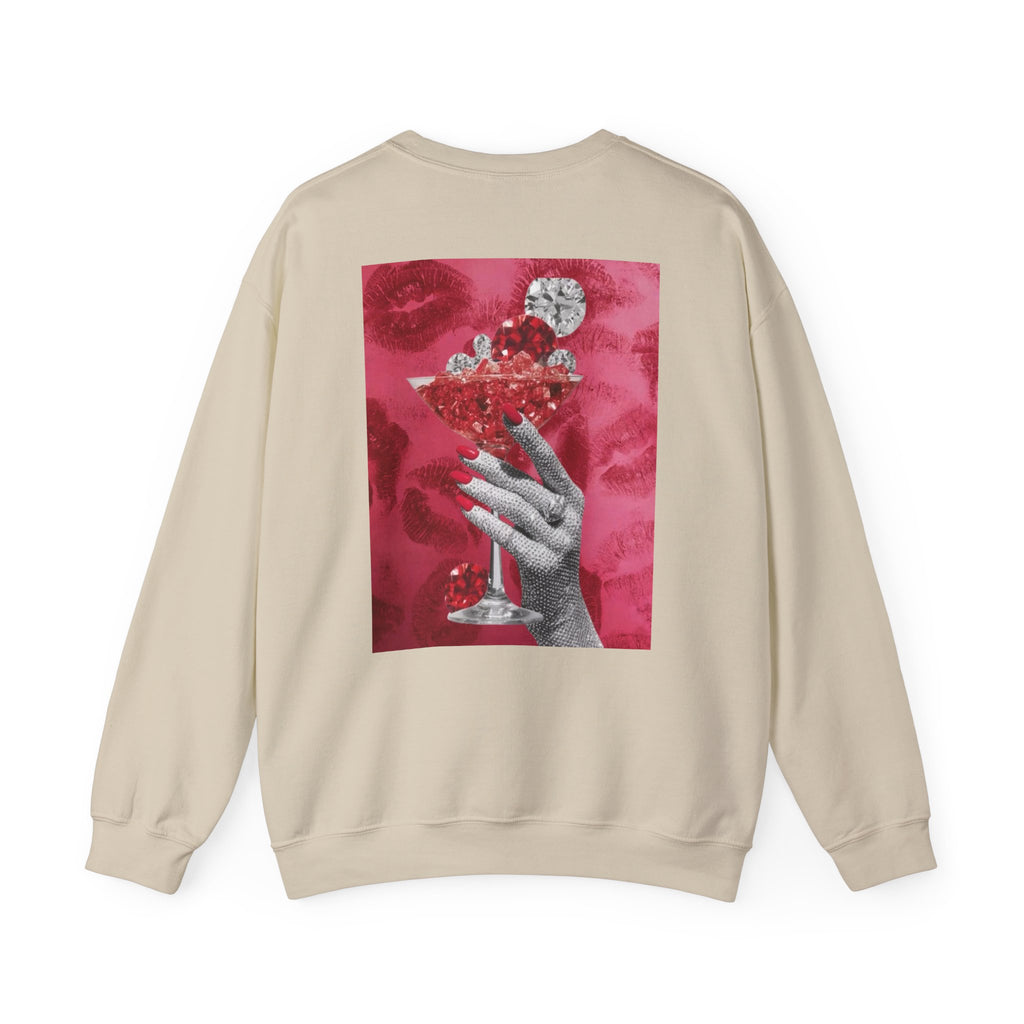 Crewneck Sweatshirt — Glamorous Red Cocktail Collage (Hand Holding Glass, Lip Print)