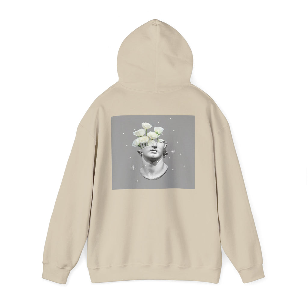 Statue Bloom Hoodie — Classical Bust with White Flowers Graphic Hoodie