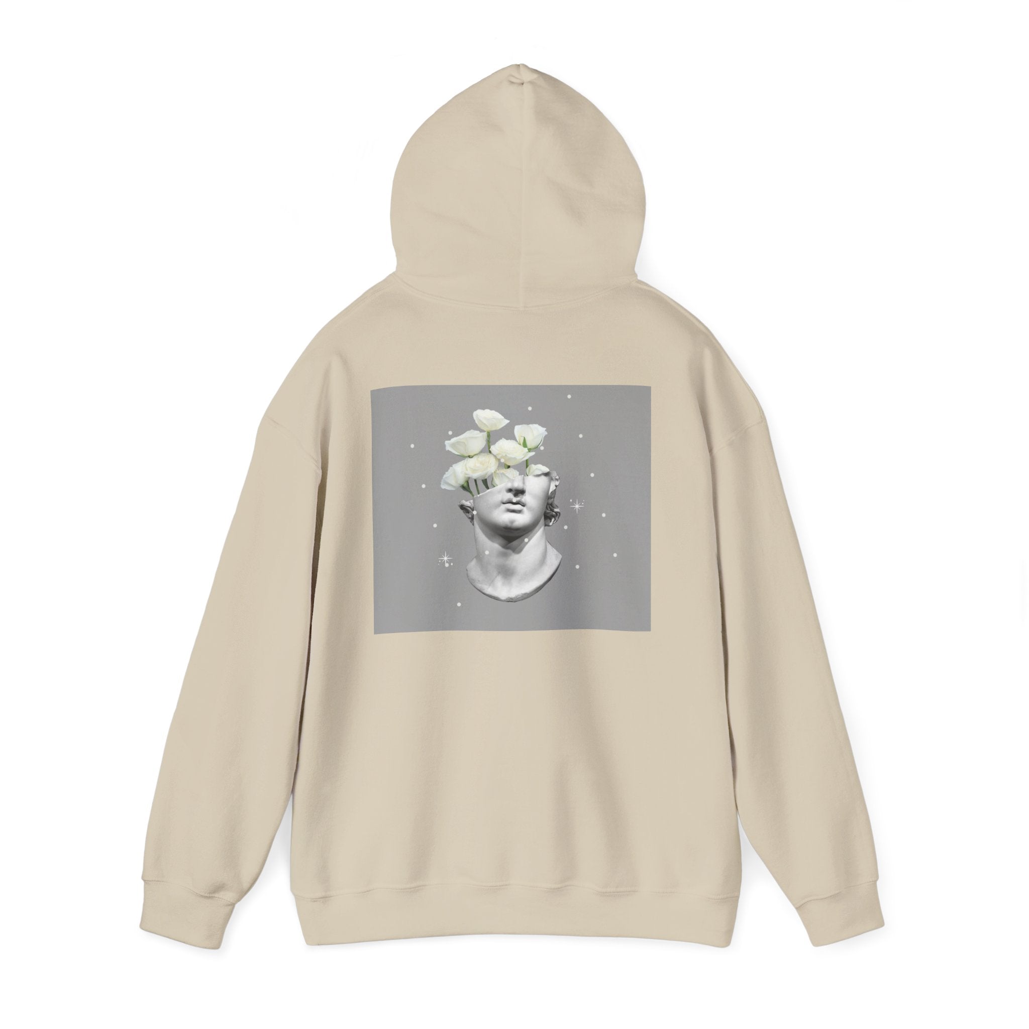 Statue Bloom Hoodie — Classical Bust with White Flowers Graphic Hoodie