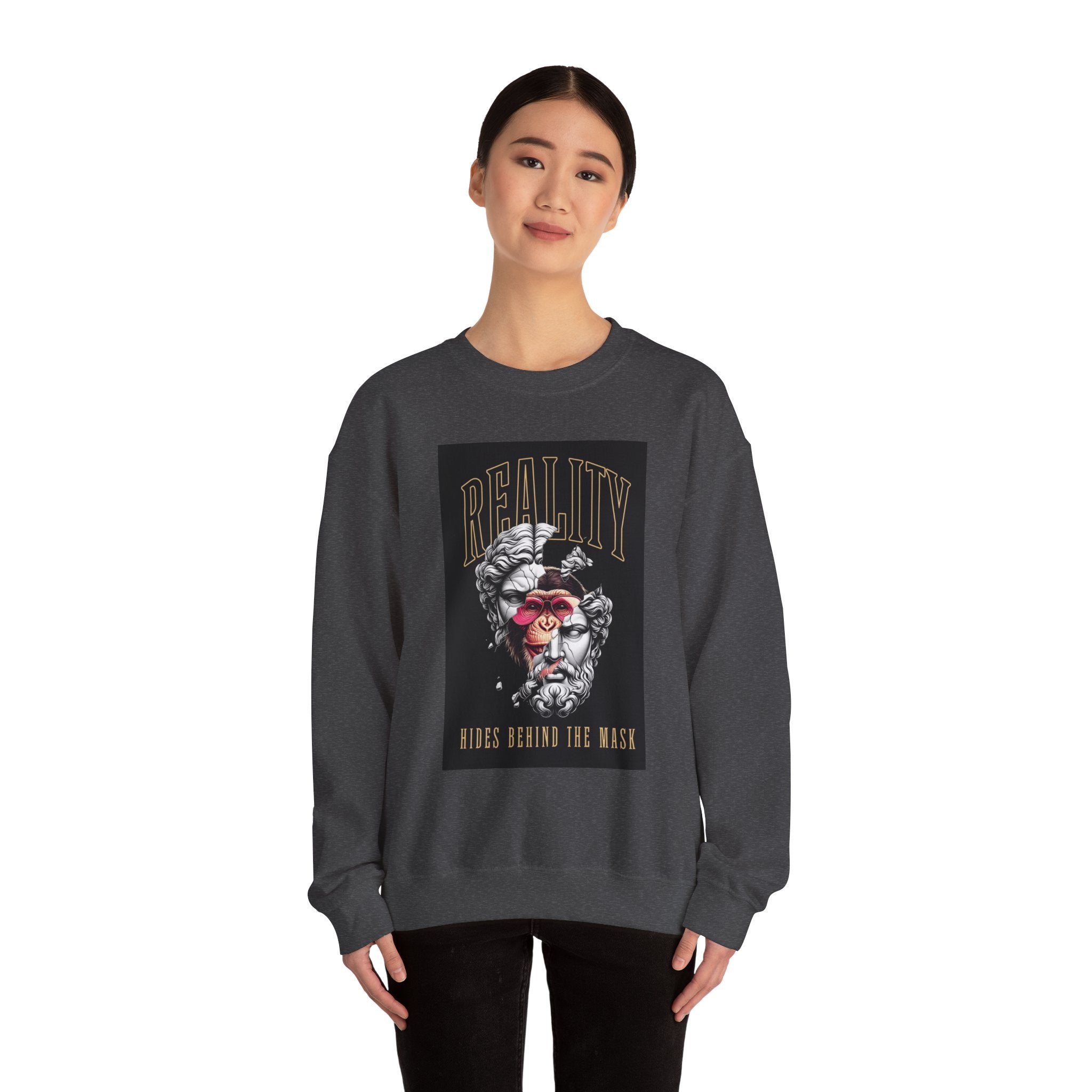 Crewneck Sweatshirt — "Reality Hides Behind The Mask" Graphic Pullover
