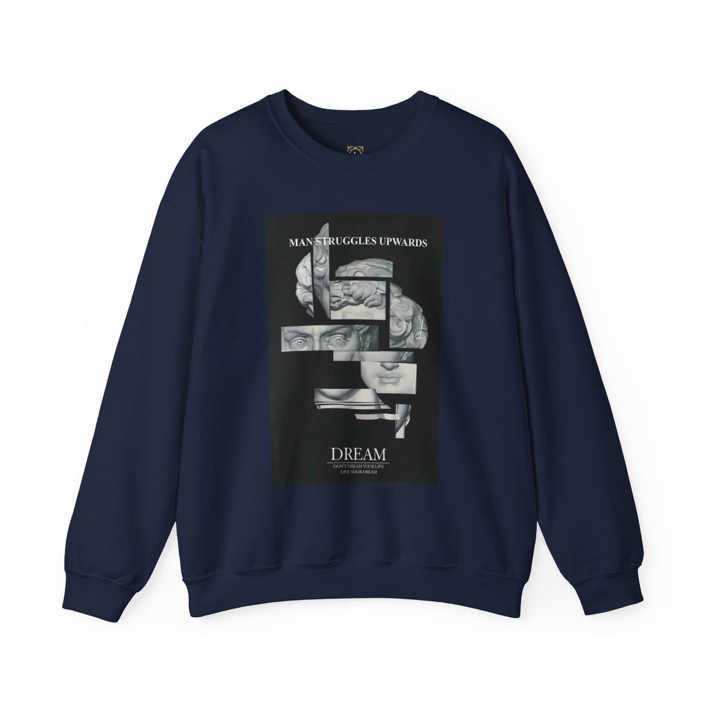 Dream Fragment Crewneck Sweatshirt — 'Man Struggles Upwards' Statue Collage