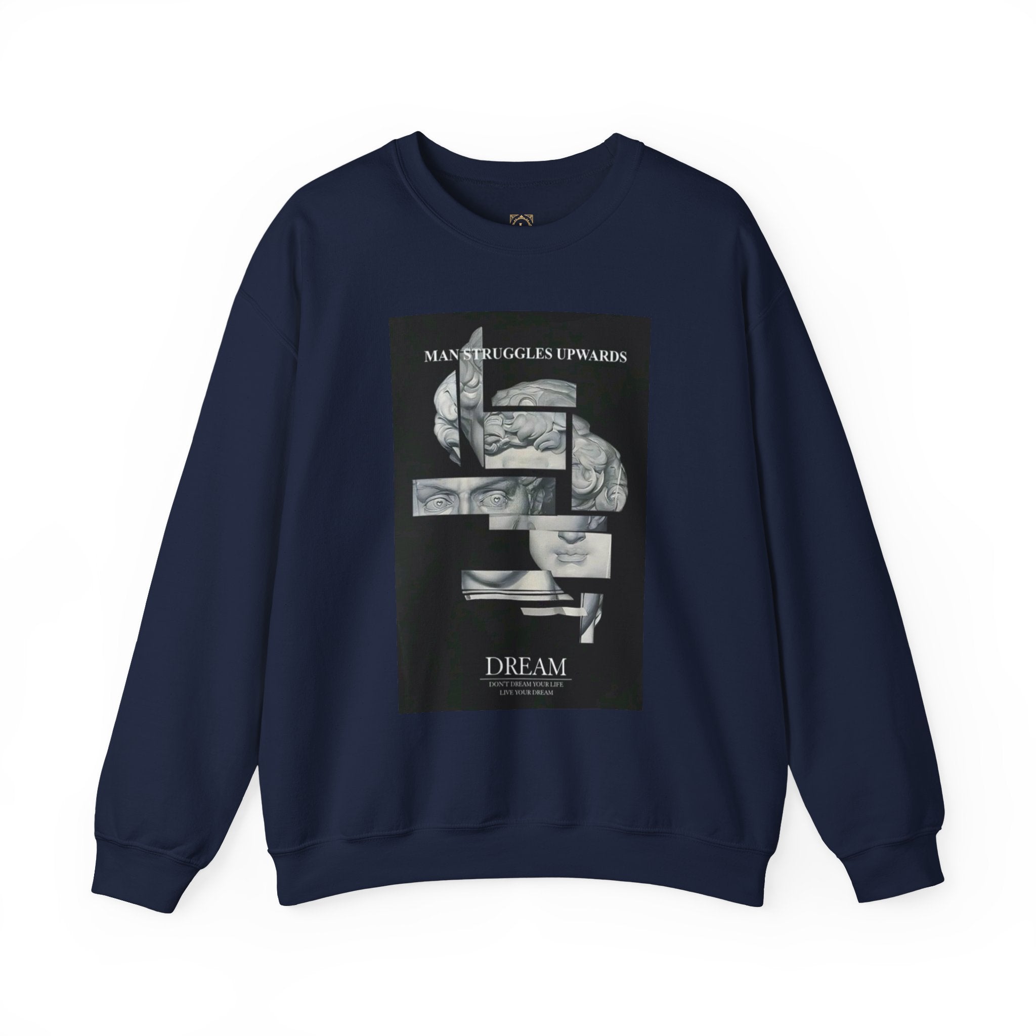 Dream Fragment Crewneck Sweatshirt — 'Man Struggles Upwards' Statue Collage