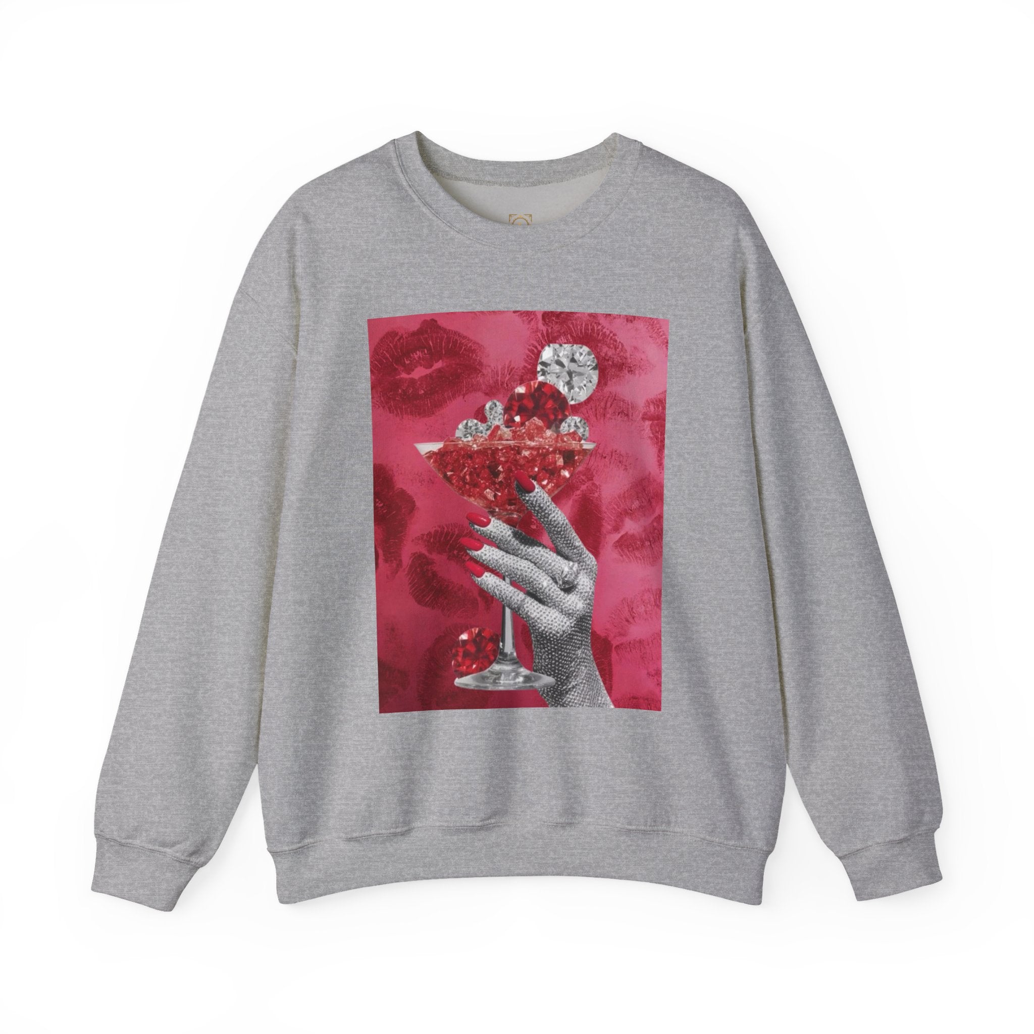 Crewneck Sweatshirt — Glamorous Red Cocktail Collage (Hand Holding Glass, Lip Print)