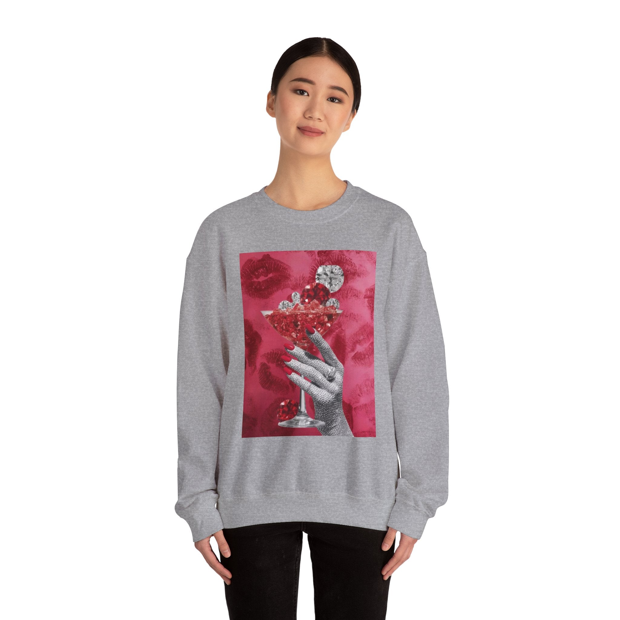 Crewneck Sweatshirt — Glamorous Red Cocktail Collage (Hand Holding Glass, Lip Print)