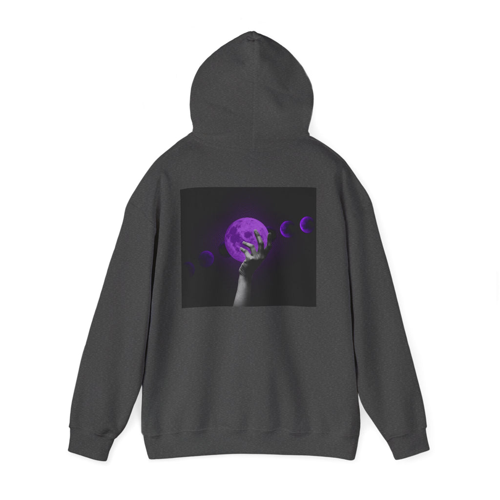 Moon Phases Hoodie — Purple Lunar Hand Graphic Pullover