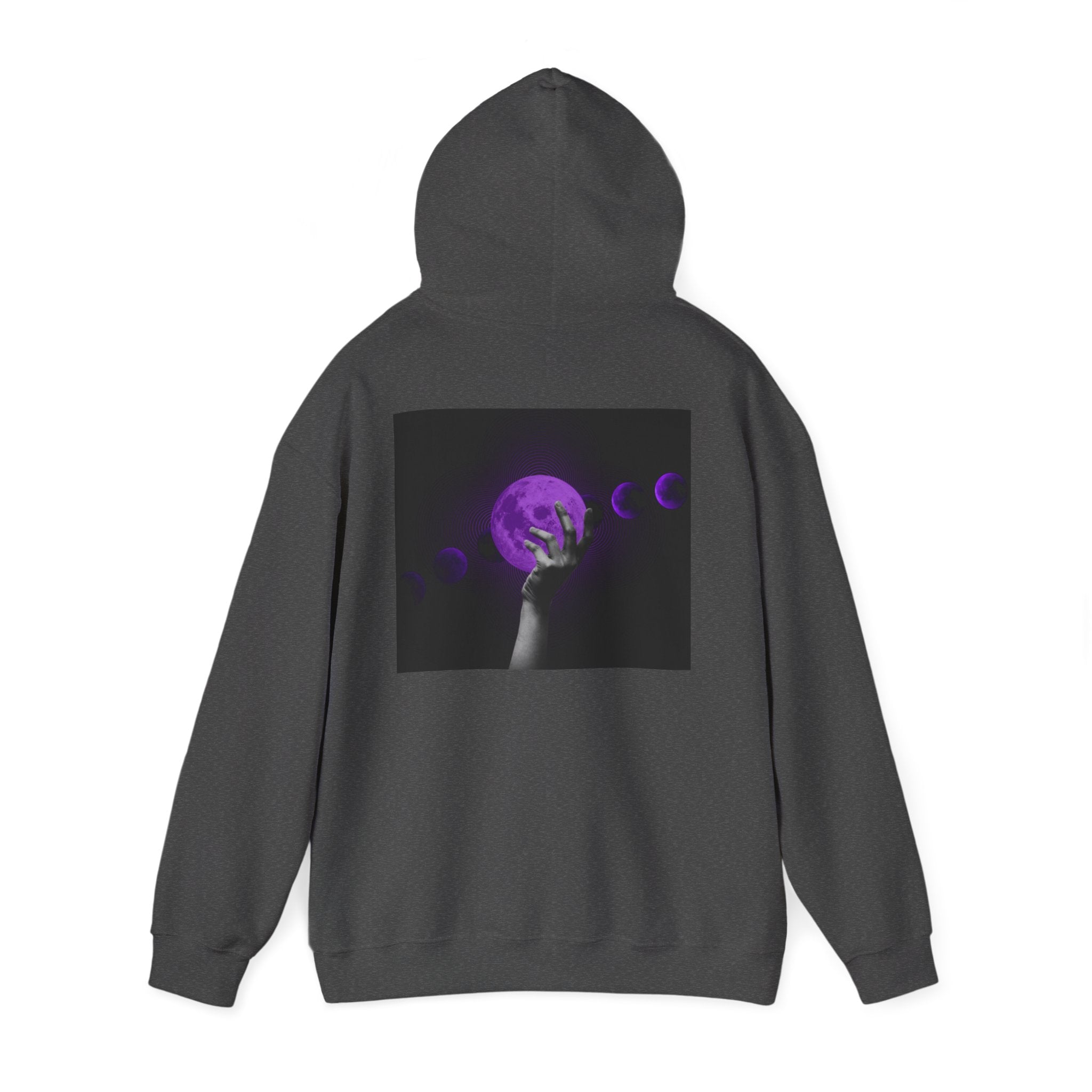 Moon Phases Hoodie — Purple Lunar Hand Graphic Pullover