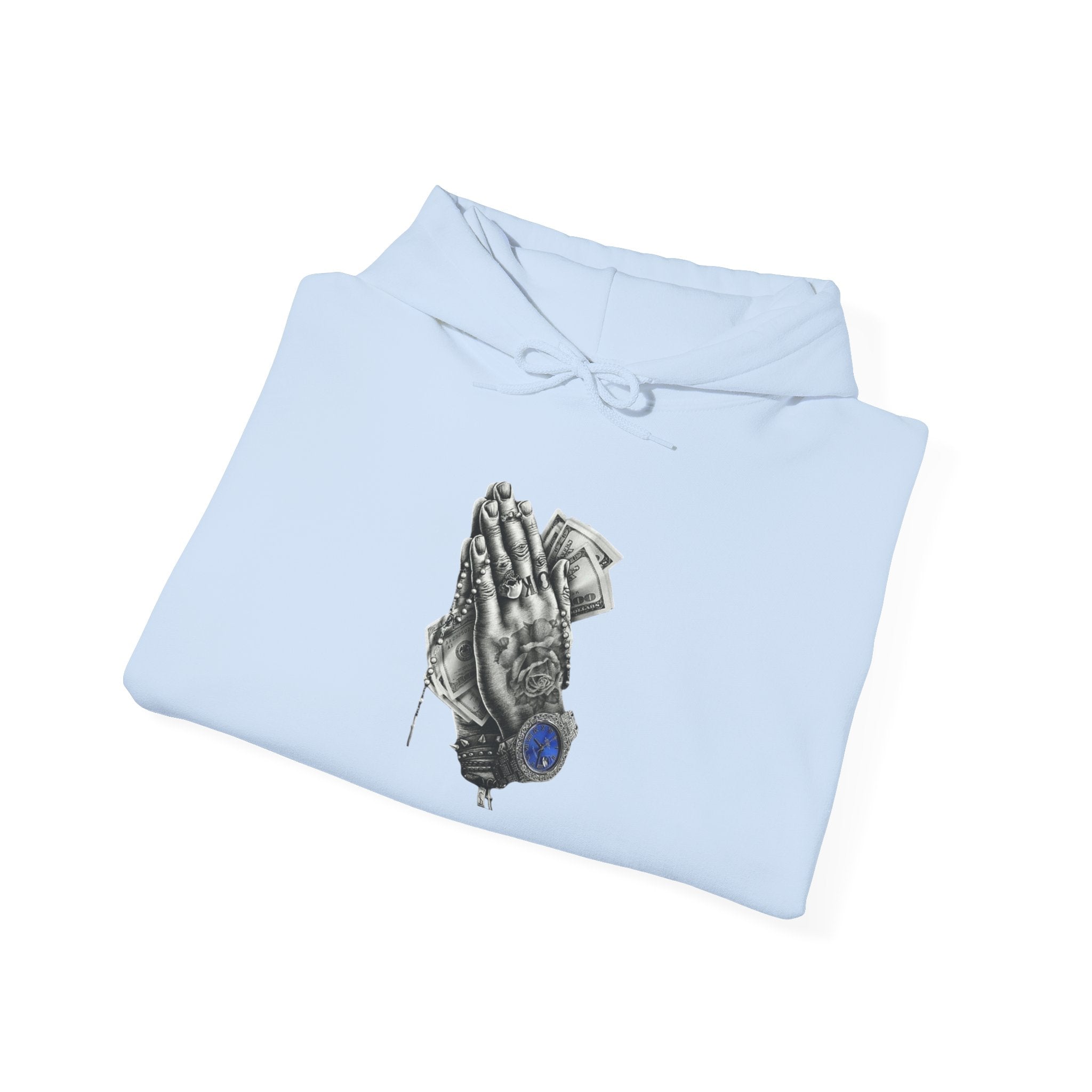 Hoodie — Praying Hands Graphic Hoodie with Blue Rose Accent