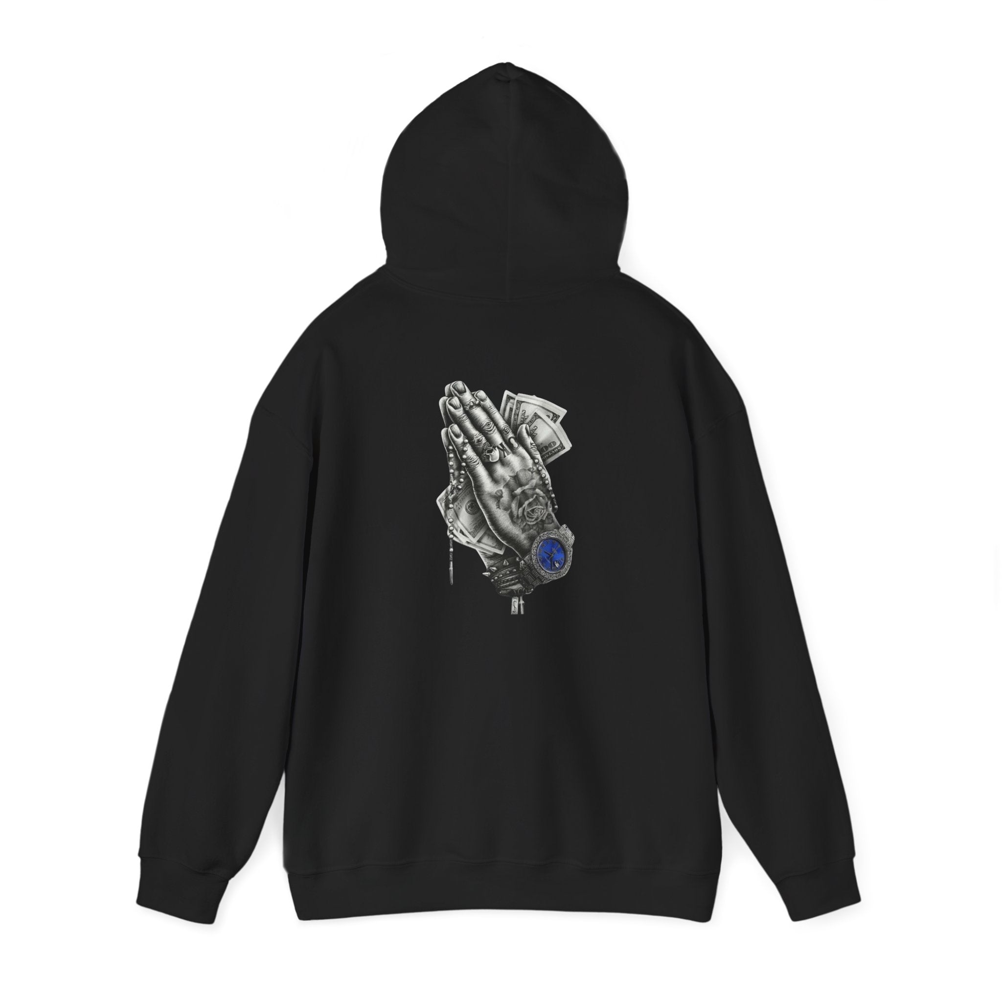 Hoodie — Praying Hands Graphic Hoodie with Blue Rose Accent