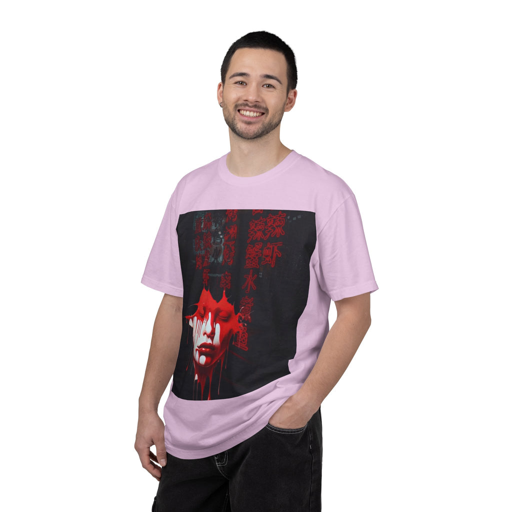 Horror Portrait Tee — Dripping Red Face with Japanese Script Graphic