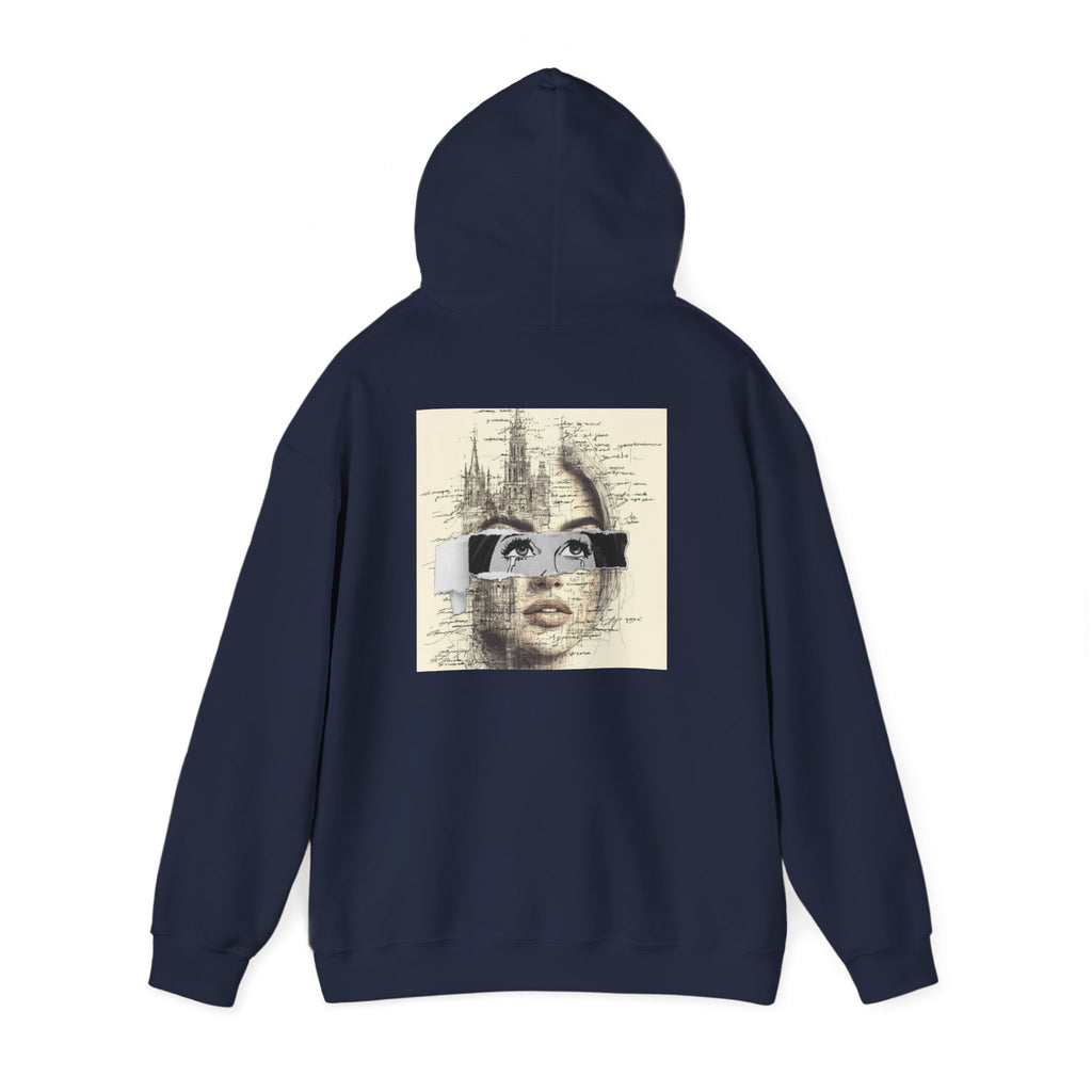 Artistic Face Collage Hoodie — Vintage Script Portrait Sweatshirt