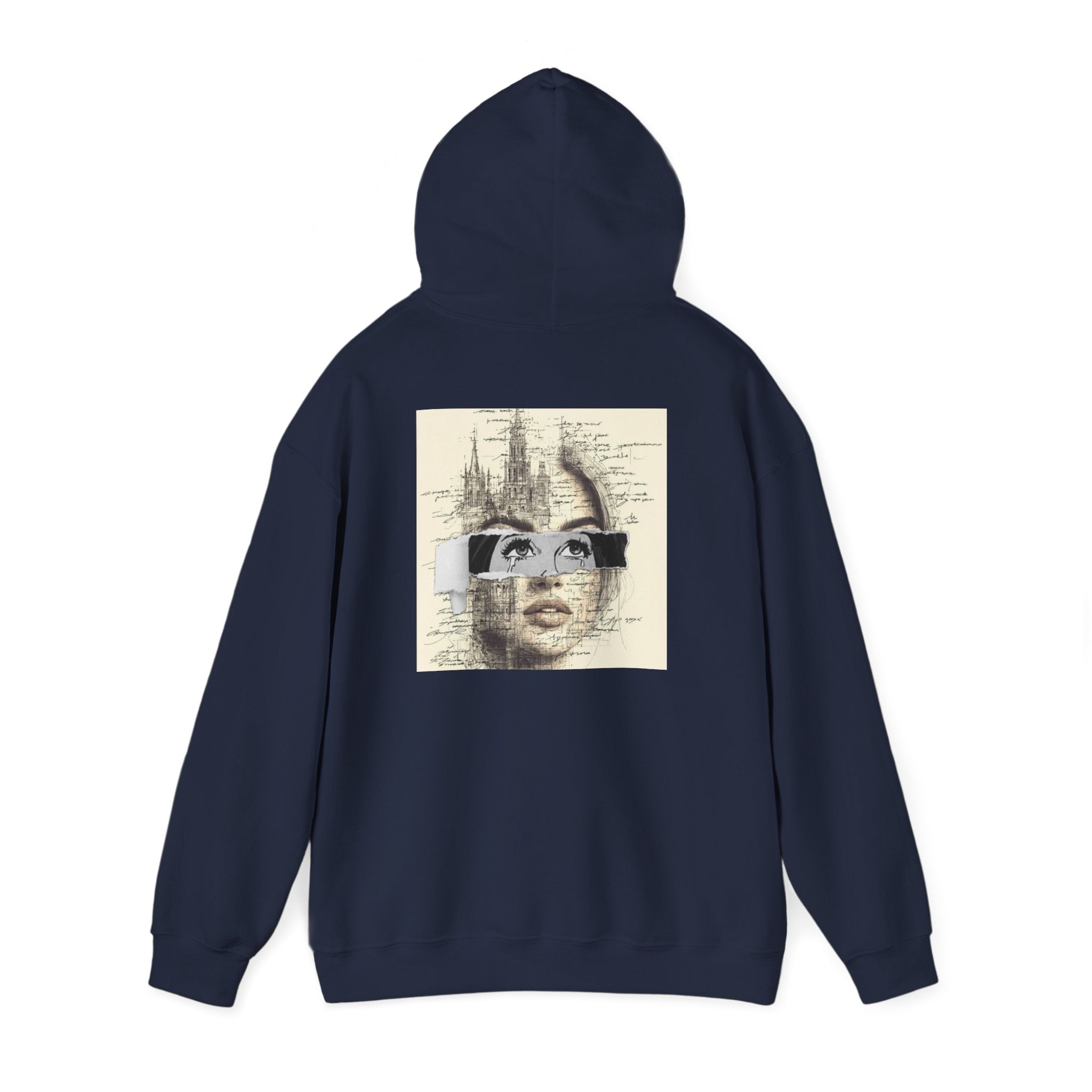 Artistic Face Collage Hoodie — Vintage Script Portrait Sweatshirt