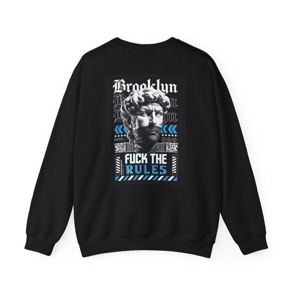 Crewneck Sweatshirt — 'Brooklyn' Statue Graphic with “Fuck the Rules” Streetwear Slogan