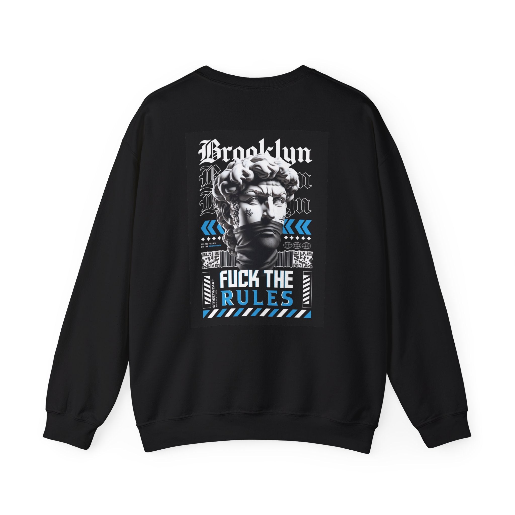 Crewneck Sweatshirt — 'Brooklyn' Statue Graphic with “Fuck the Rules” Streetwear Slogan