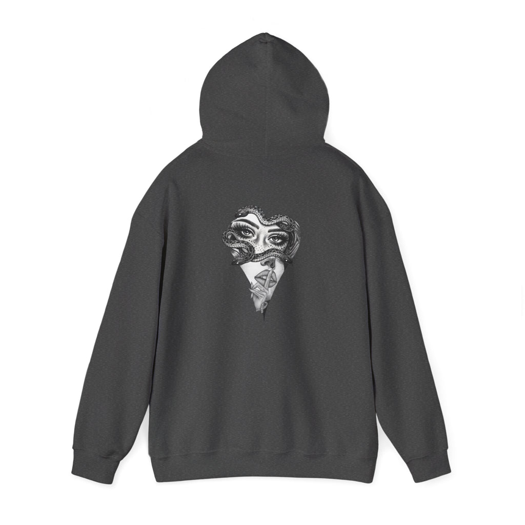 Abstract Heart Mask Hoodie — Surreal Black & White Graphic Pullover