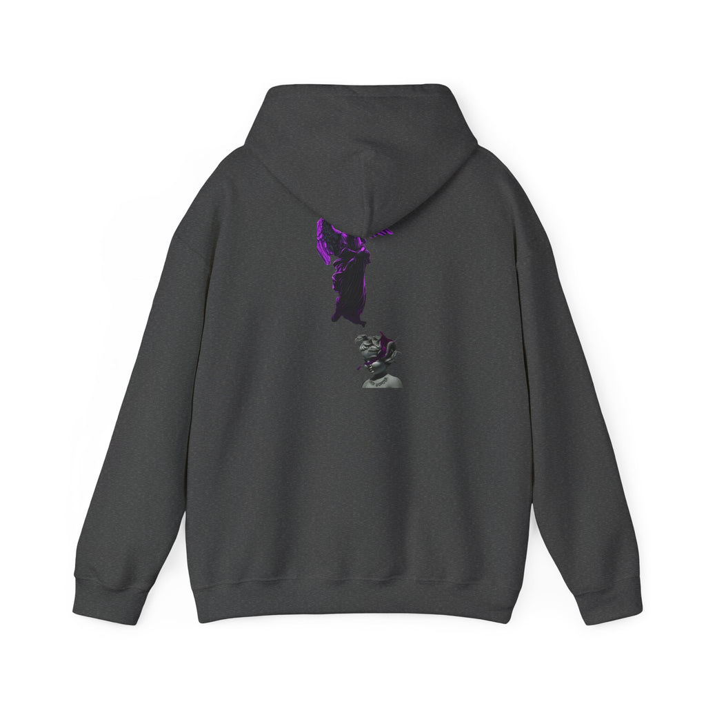 Angel Statue Hoodie — Gothic Purple Accent Sculptural Graphic Hoodie