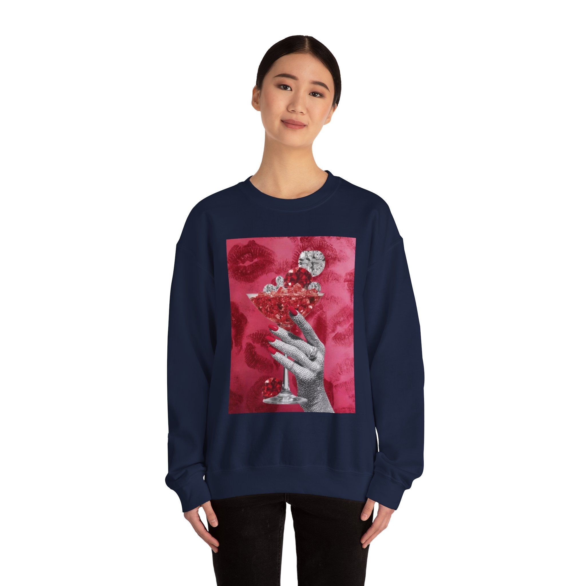 Crewneck Sweatshirt — Glamorous Red Cocktail Collage (Hand Holding Glass, Lip Print)