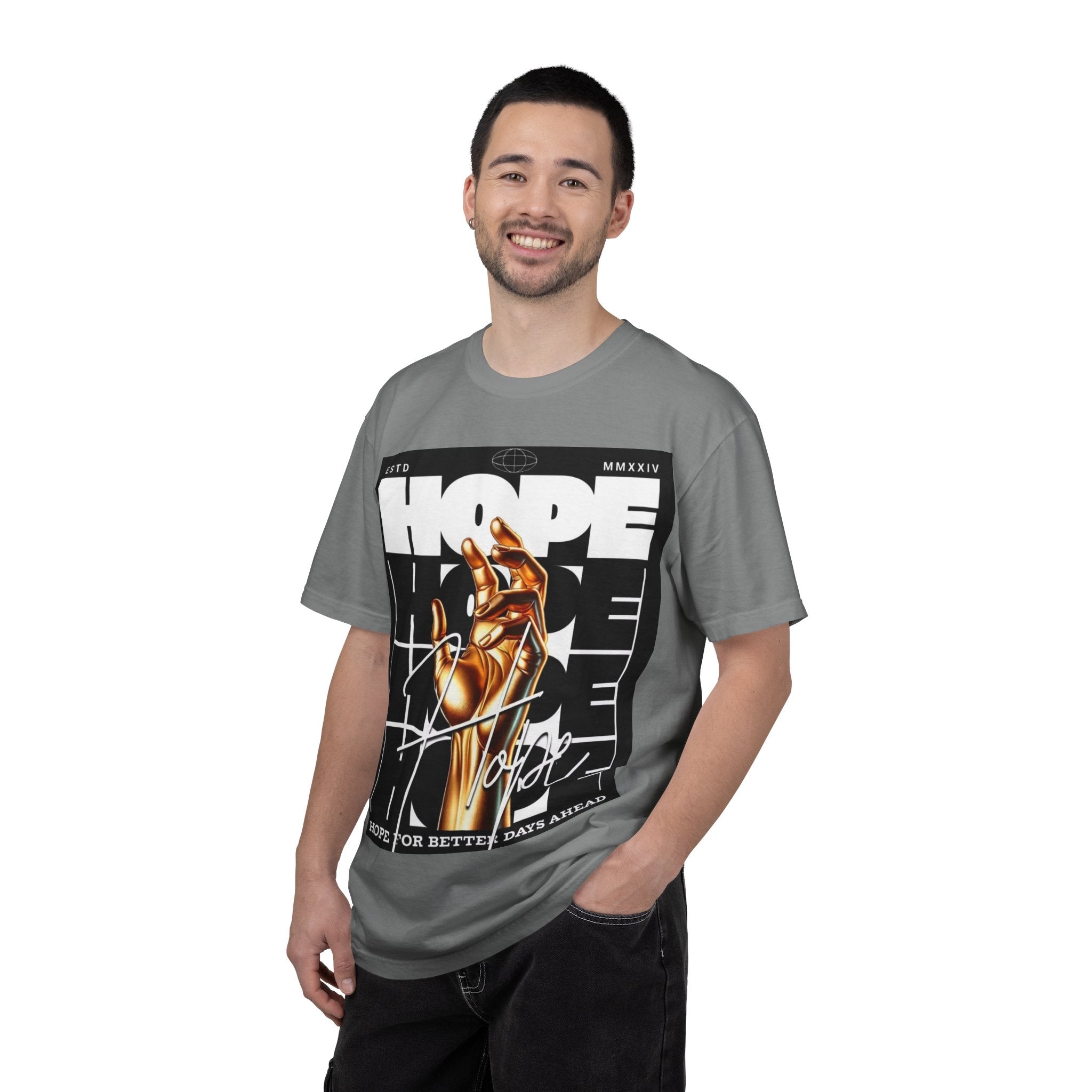 Hope Vibe Graphic T-Shirt — 'Hope for Better Days Ahead' Chest Print with Gold Hand & Back 'Legaciess' Logo