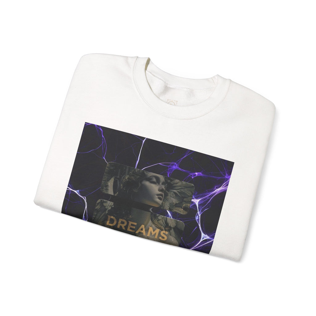 Dreams Statue Crewneck Sweatshirt — Retro Statue Graphic with Purple Lightning