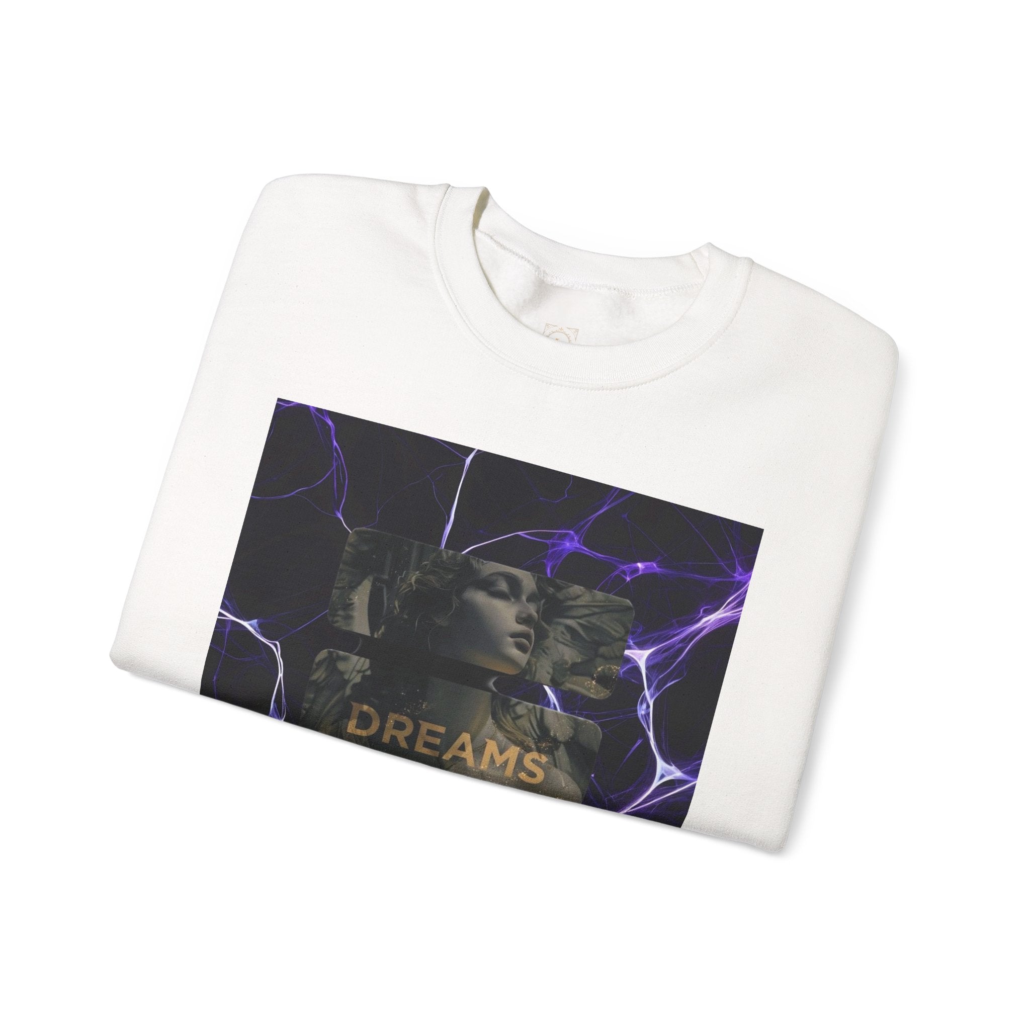 Dreams Statue Crewneck Sweatshirt — Retro Statue Graphic with Purple Lightning