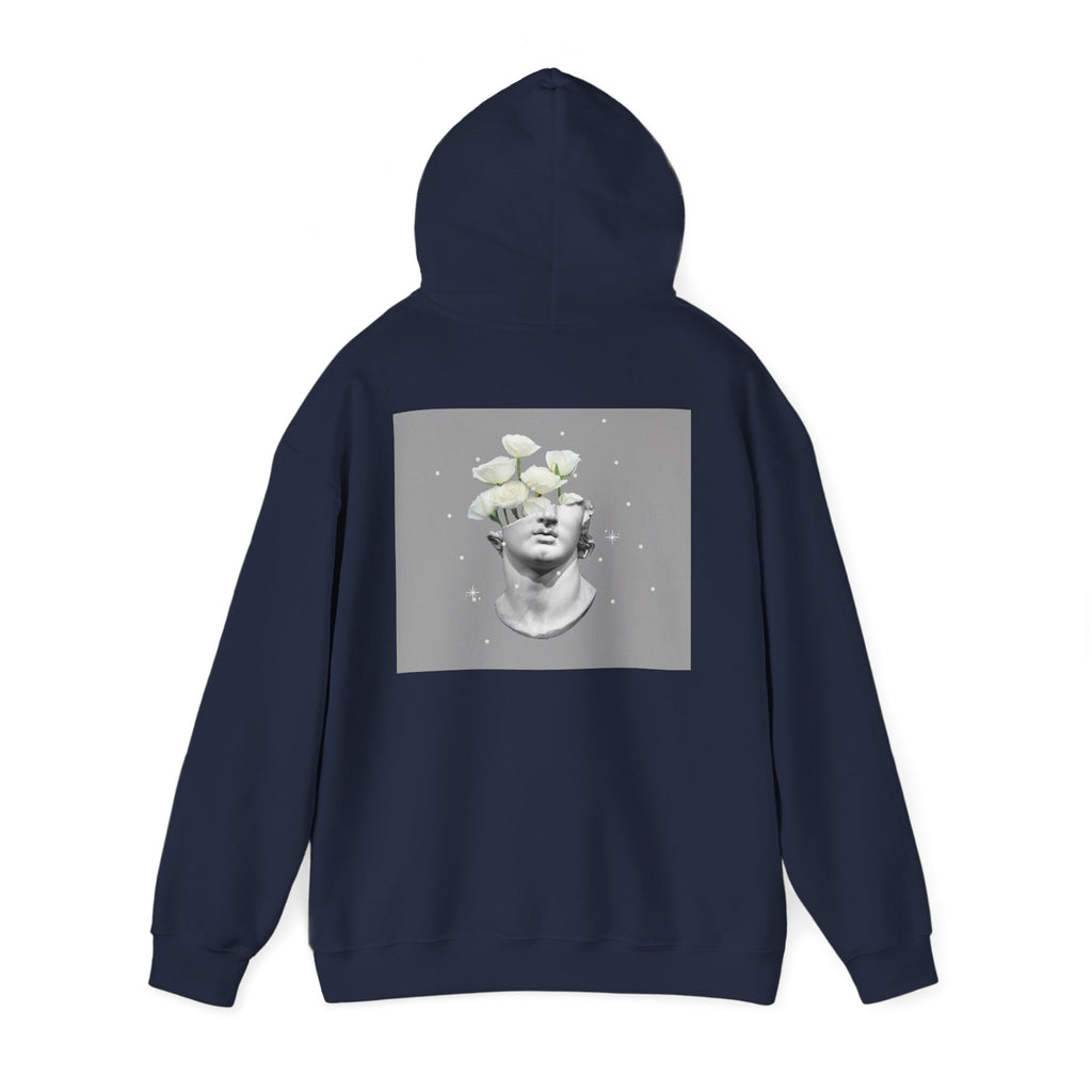 Statue Bloom Hoodie — Classical Bust with White Flowers Graphic Hoodie