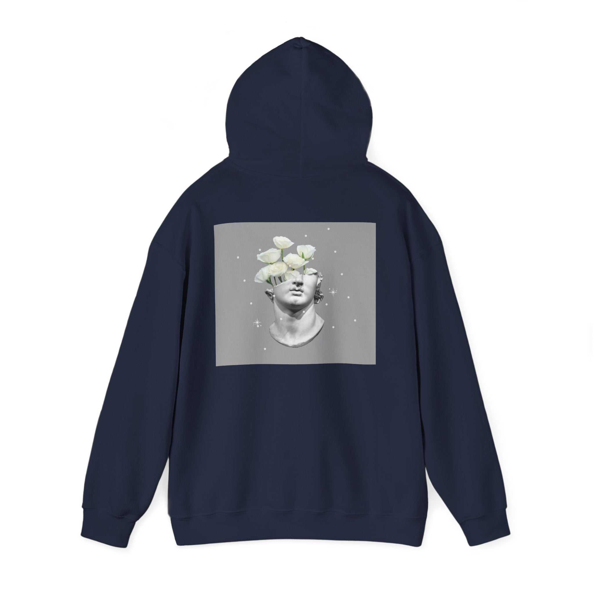 Statue Bloom Hoodie — Classical Bust with White Flowers Graphic Hoodie