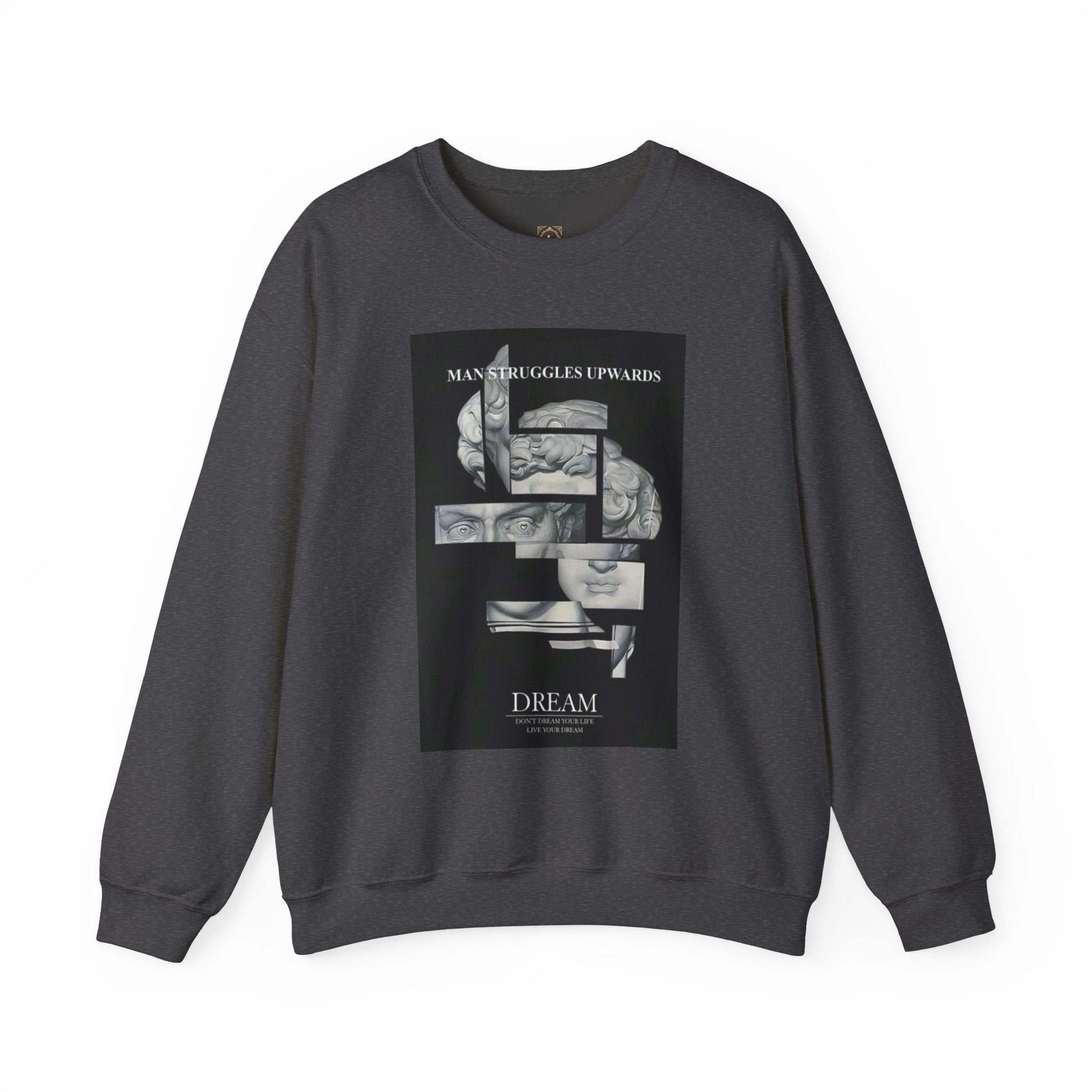 Dream Fragment Crewneck Sweatshirt — 'Man Struggles Upwards' Statue Collage