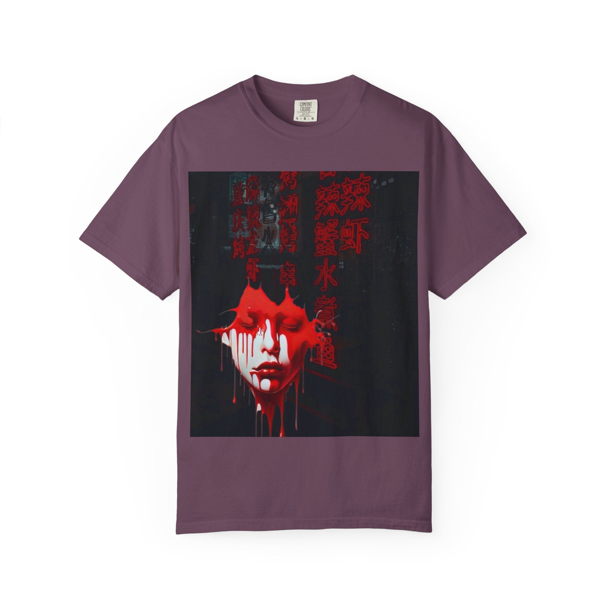 Horror Portrait Tee — Dripping Red Face with Japanese Script Graphic