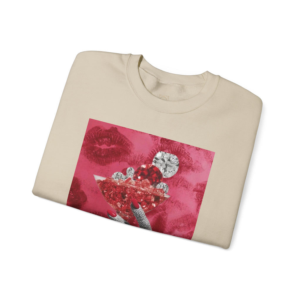 Crewneck Sweatshirt — Glamorous Red Cocktail Collage (Hand Holding Glass, Lip Print)