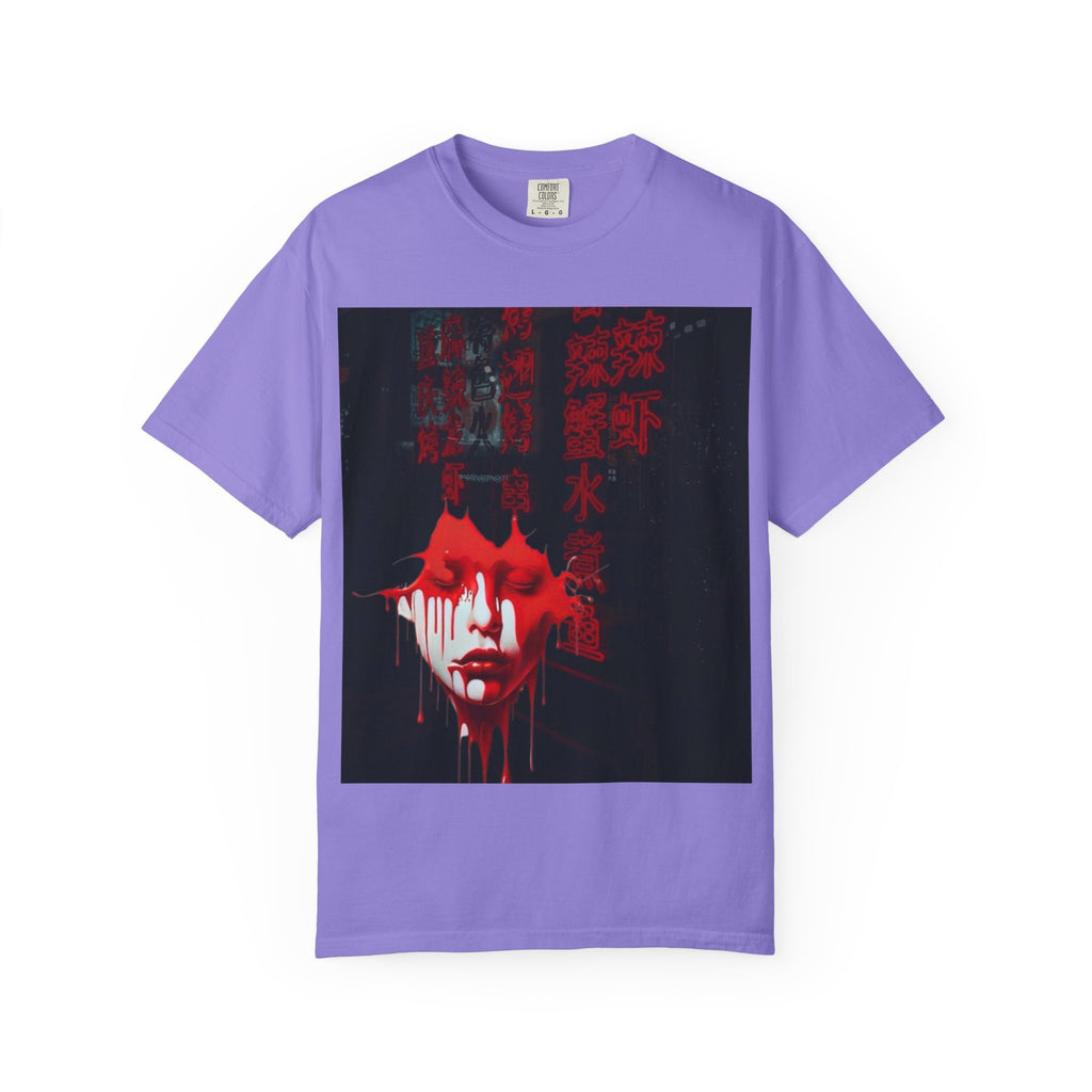 Horror Portrait Tee — Dripping Red Face with Japanese Script Graphic