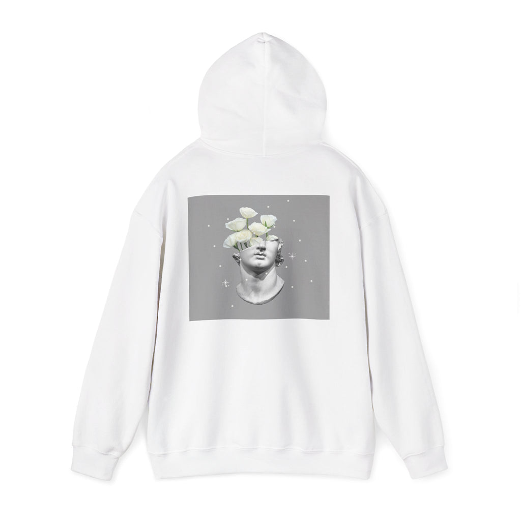 Statue Bloom Hoodie — Classical Bust with White Flowers Graphic Hoodie