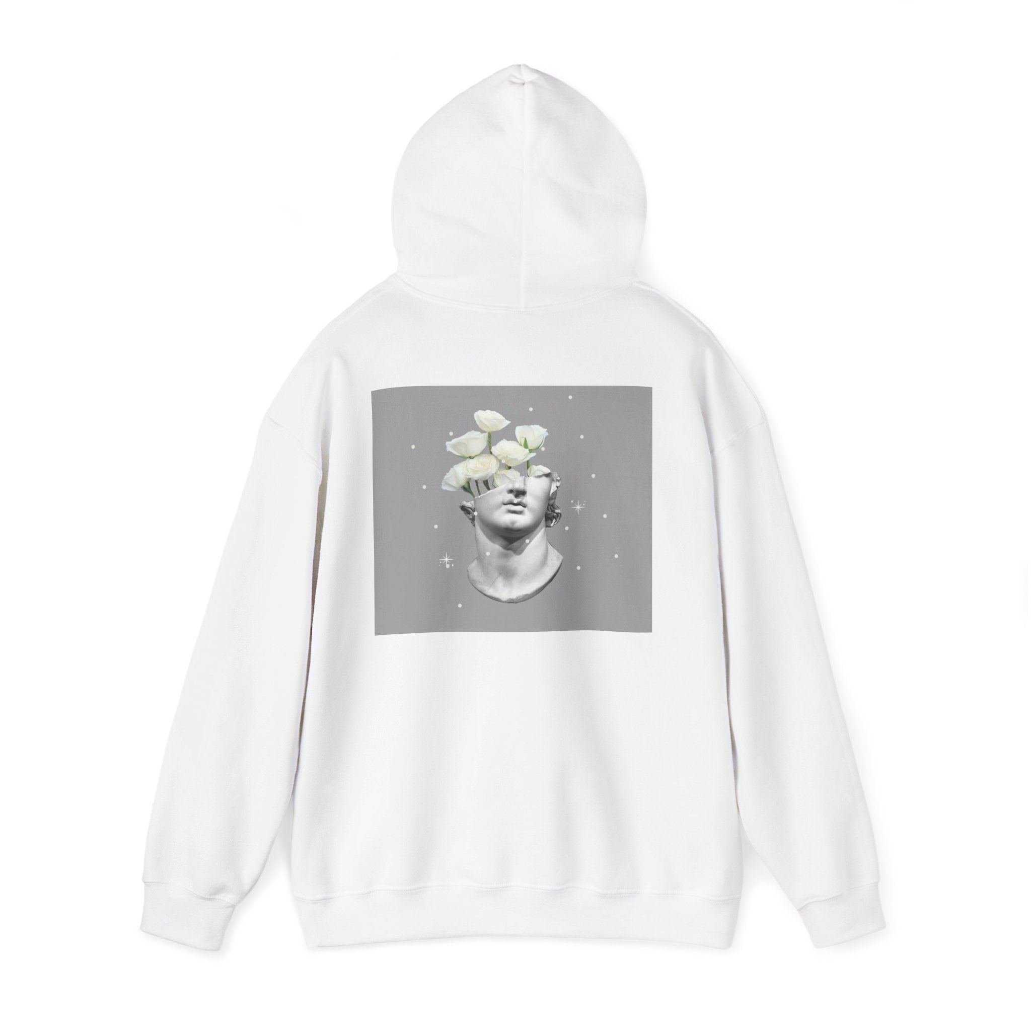 Statue Bloom Hoodie — Classical Bust with White Flowers Graphic Hoodie