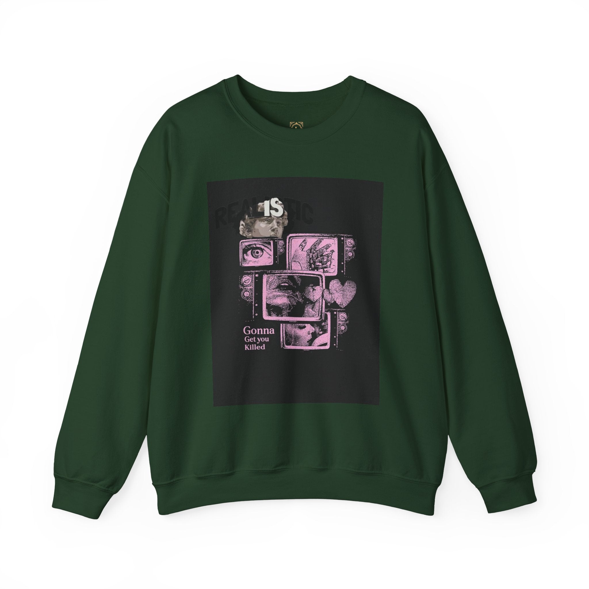 Crewneck Sweatshirt — Pink Collage Eyes Graphic “Gonna Get You, Kiddo”