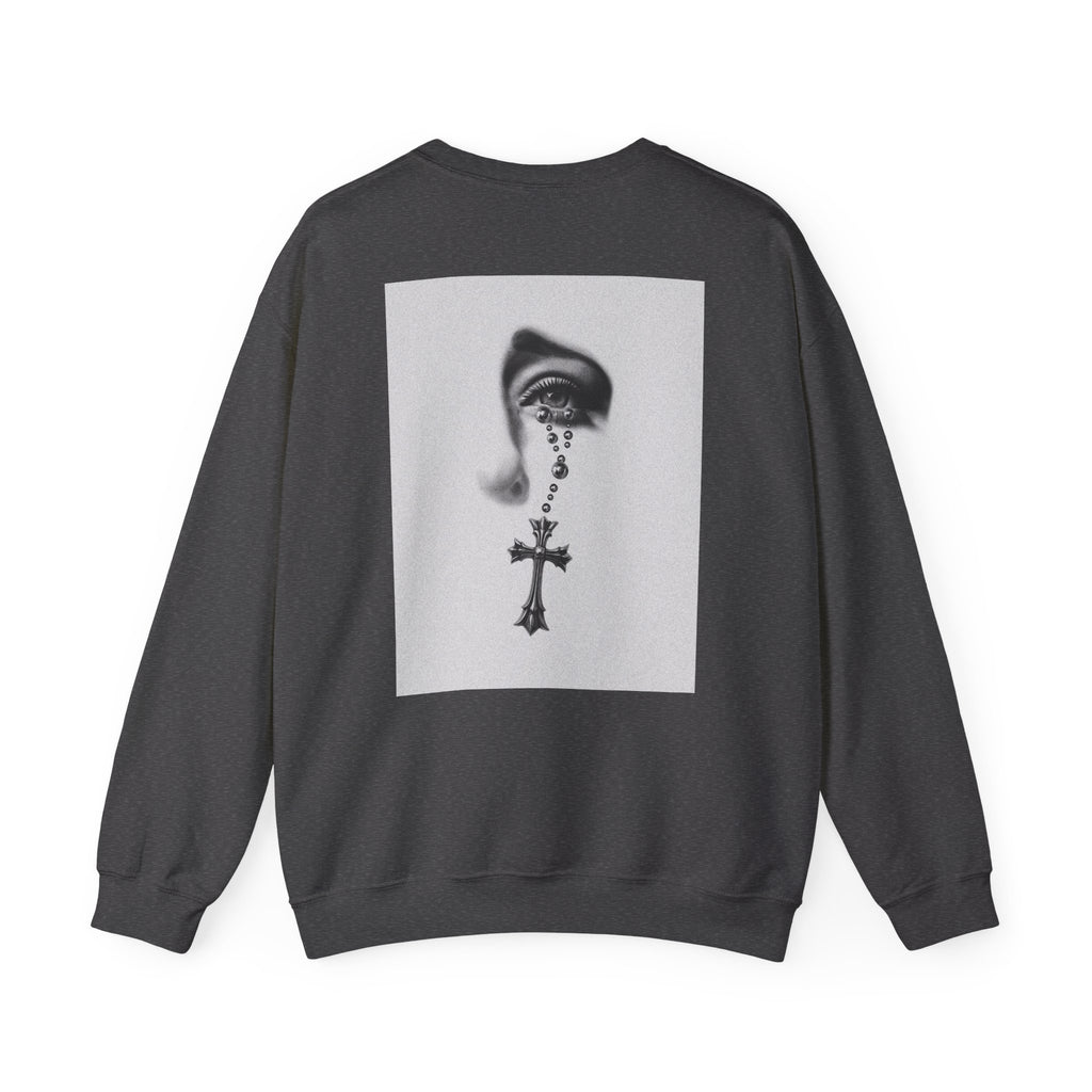 Rosary Tear Crewneck Sweatshirt — Gothic Eye & Cross Graphic