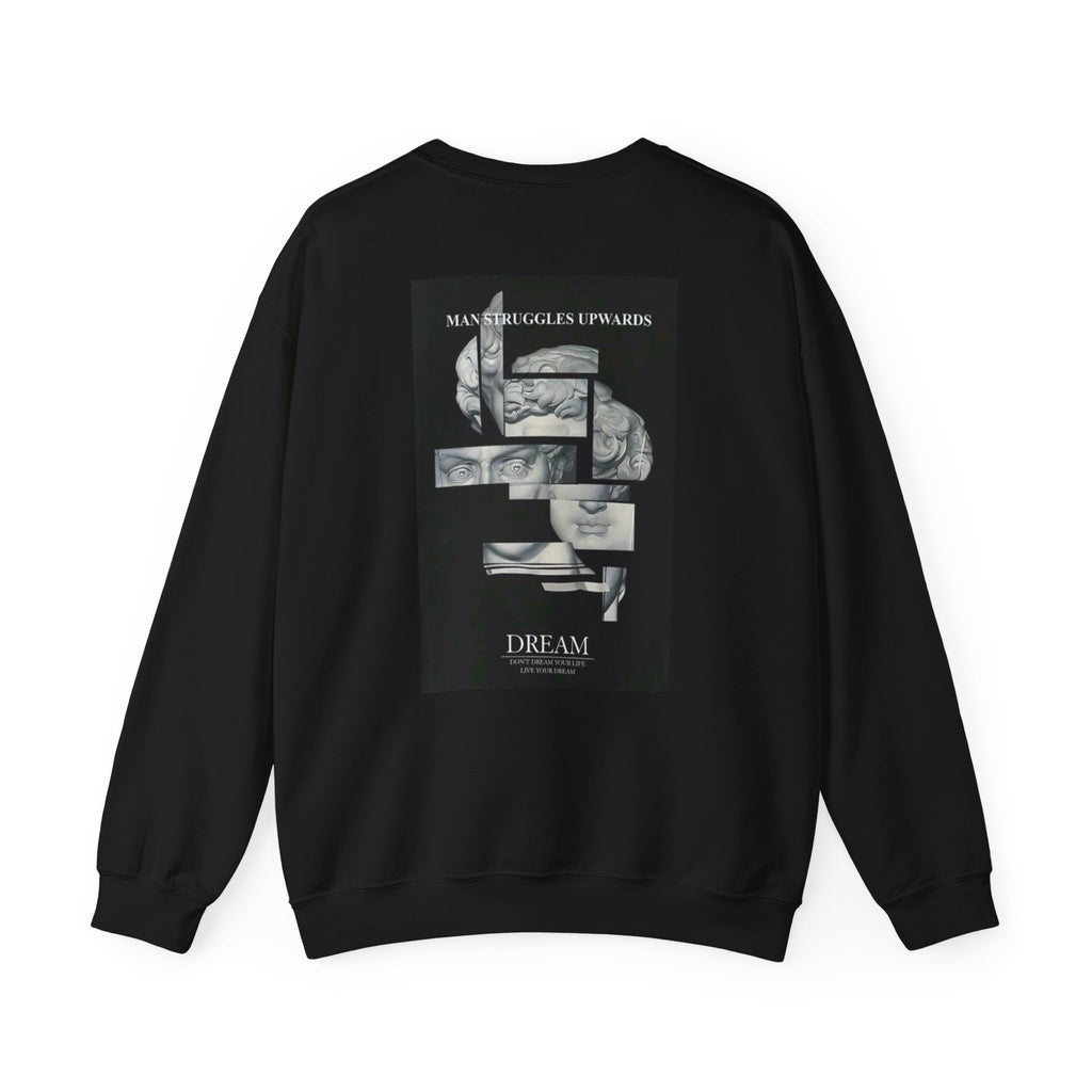 Dream Fragment Crewneck Sweatshirt — 'Man Struggles Upwards' Statue Collage