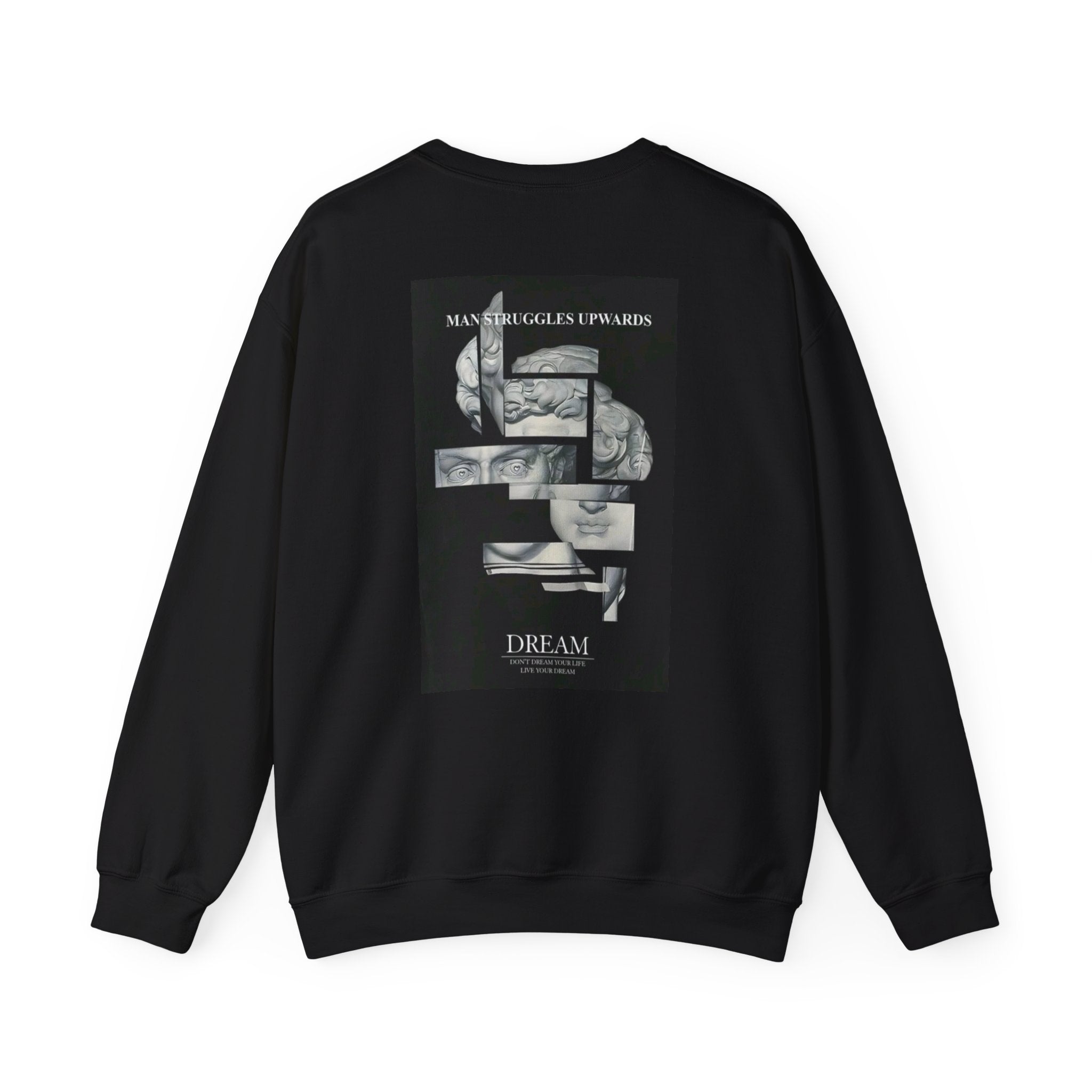 Dream Fragment Crewneck Sweatshirt — 'Man Struggles Upwards' Statue Collage