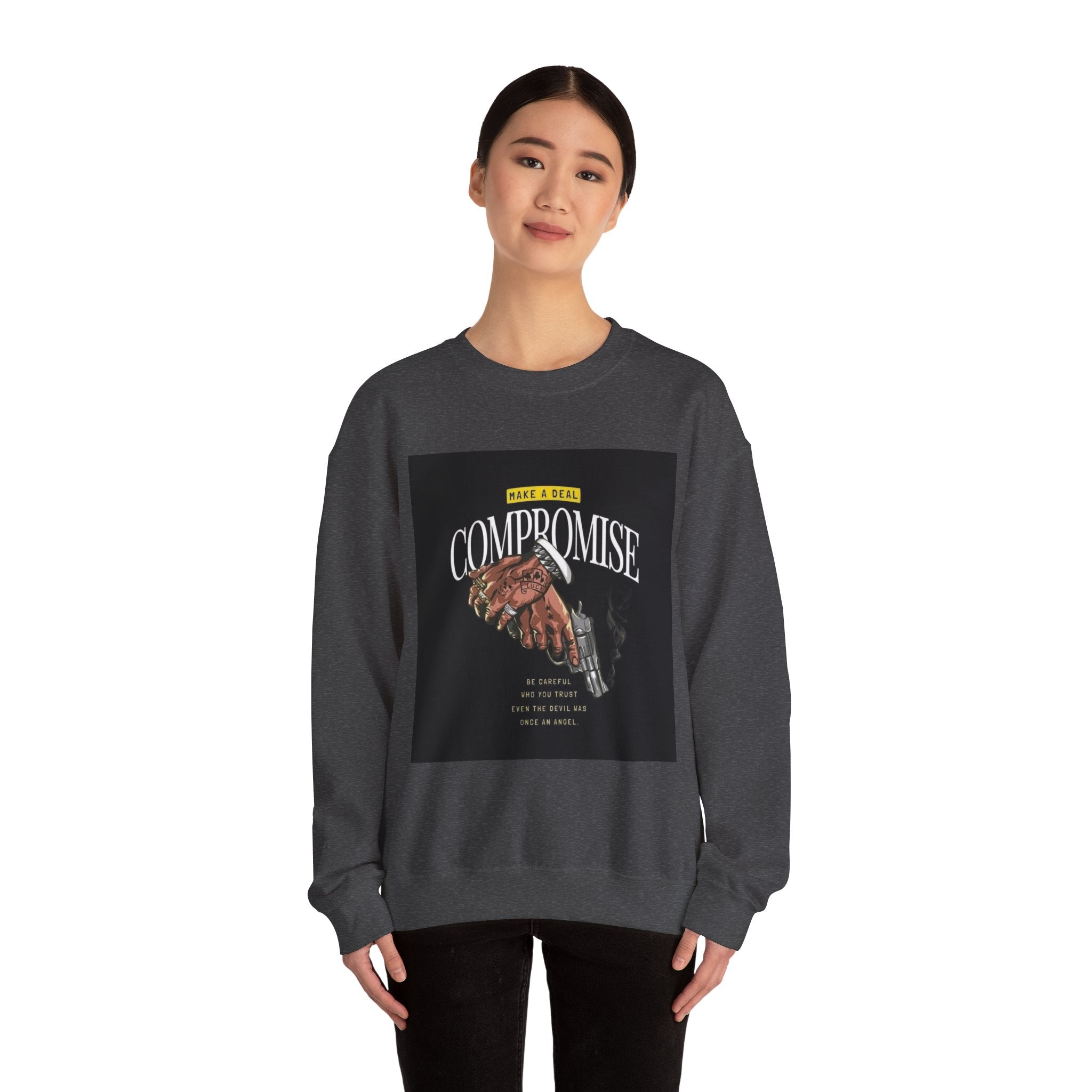 Compromise Graphic Sweatshirt — Vintage Handshake & Revolver Design