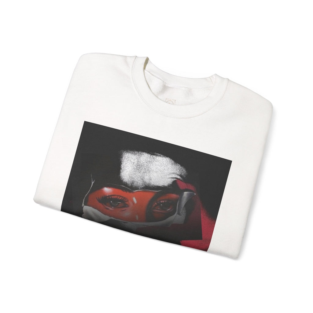 Masked Red Eyes Crewneck Sweatshirt — Graphic Streetwear with 'Legaciess' Back Logo