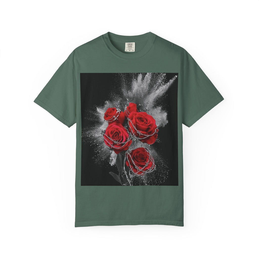 Rose Burst T-Shirt — Red Roses Graphic Tee with 'LEGACIESS' Back Logo