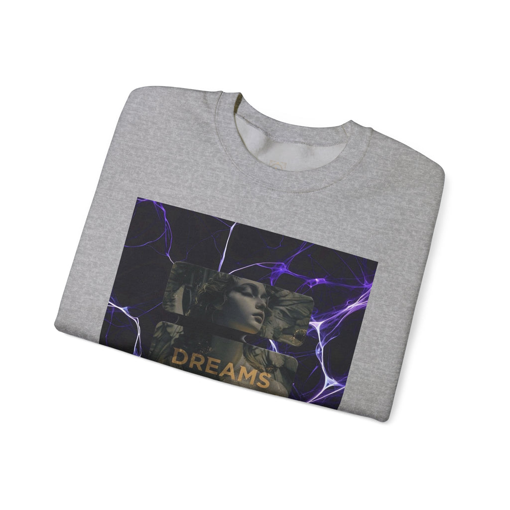 Dreams Statue Crewneck Sweatshirt — Retro Statue Graphic with Purple Lightning
