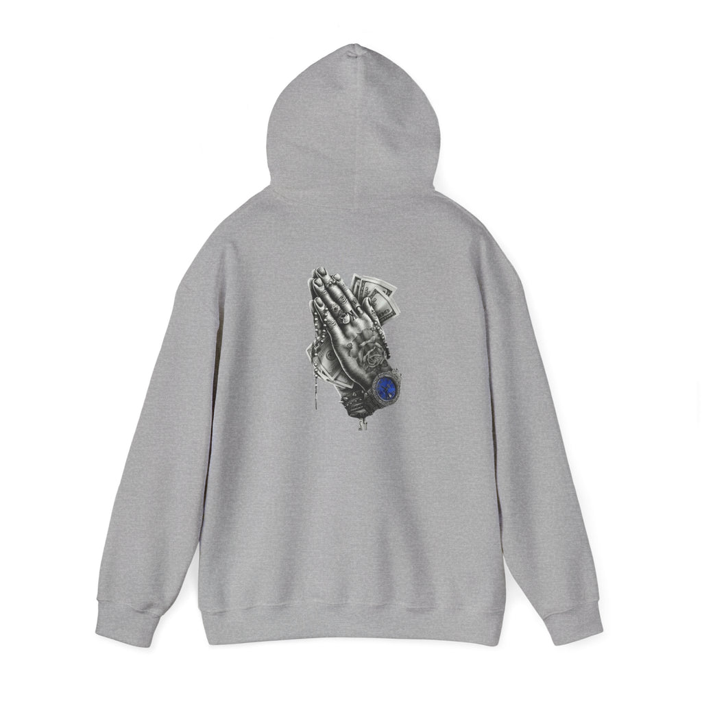 Hoodie — Praying Hands Graphic Hoodie with Blue Rose Accent