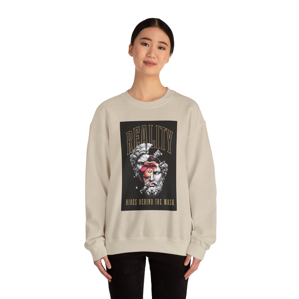 Crewneck Sweatshirt — "Reality Hides Behind The Mask" Graphic Pullover